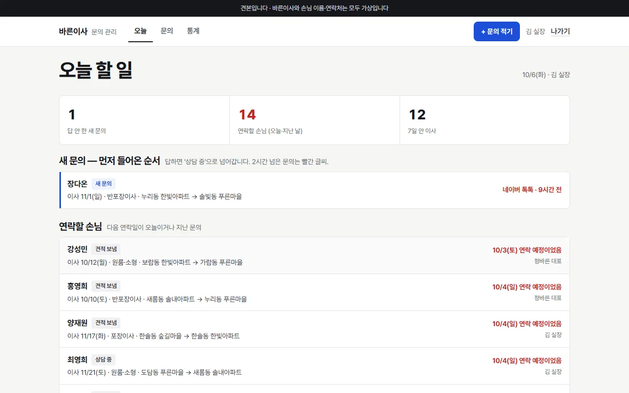 문의 관리 견본 — 오늘 할 일 화면